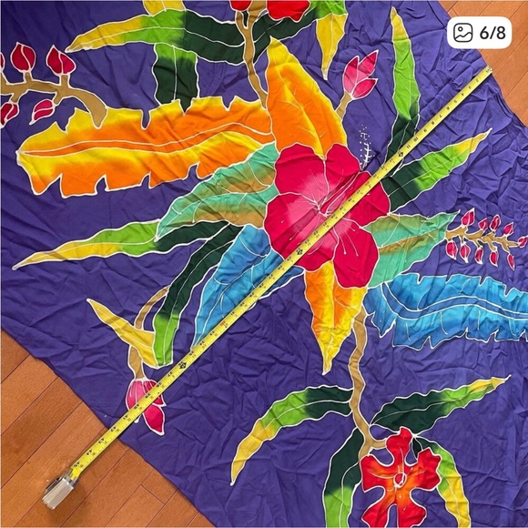 Vintage Bright Color Tropical Flowers Purple Sarong Scarf w/ Tassels - Picture 6 of 8